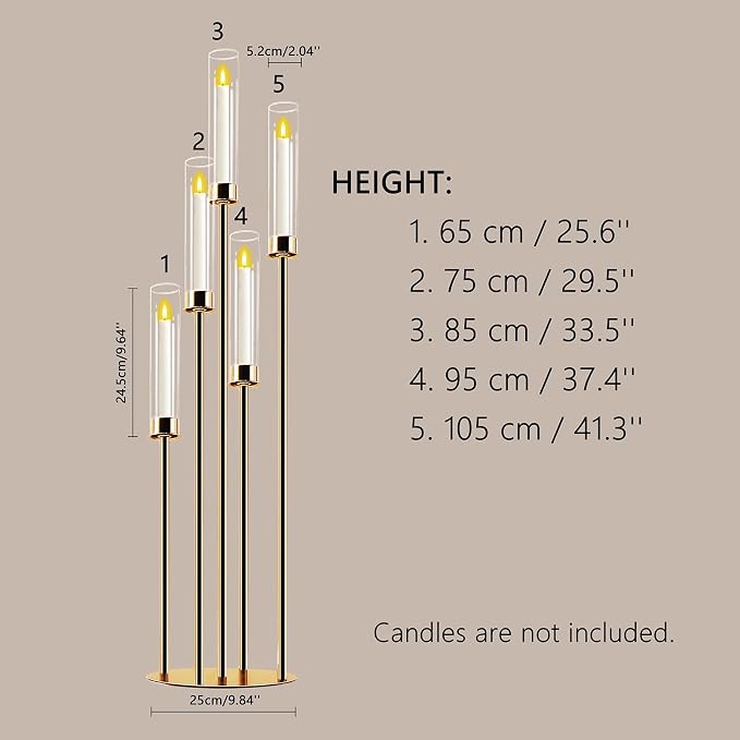 Candelabra Gold Centerpiece 5 Arms Taper Candle Holder Gold Centerpiece with Acrylic Tubes for Table Decoration Wedding Event Party Aisle Stage Home Decor (1, L)