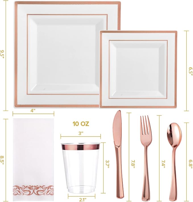 FOCUSLINE 175 Count Rose Gold Dinnerware Set for 25 Guests - Square Plastic Plates with Rose Gold Rim, Includes 25 Disposable Dinner & Dessert Plates, Napkins, Cups, Cutlery Set for Wedding Parties