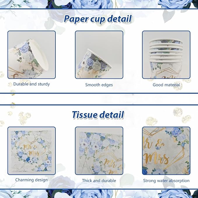 MEHOFOND 169 pcs Blue Wedding Decorations, Mr and Mrs Wedding Disposable Dinnerware, Floral Printed Bridal Shower Plates and Napkins Sets, Paper Plates Cups Party Supplies, Serve 24 Guests