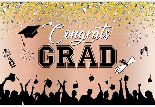 Leowefowa Congrats Grad Backdrop 9x6ft Rosegold Black Gold Glitter Graduation Backdrops for Photography Congratulations Graduates Backdrop Banner Grad Prom Party Decor Grad Photo Booth Props
