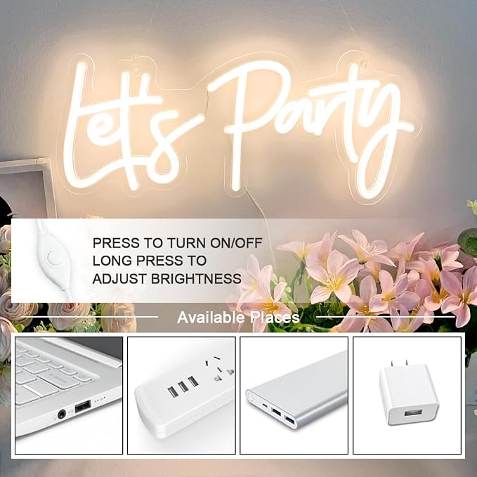 Lets Party Neon Sign with Dimmable for All Partys,17x7.5inch, Neon Lights for Wall Decor, Birthday, Wedding, Bachelorette Party, Valentine's Day Gifts Let's Party Neon Lights with 5V USB Cable, Warm White Cheers Sign