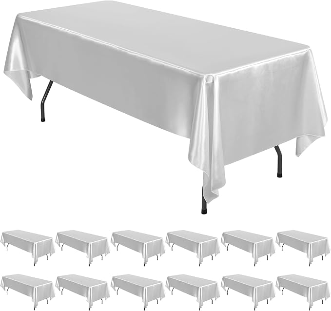 12 Pack Silver Satin Tablecloth, 57 x 108 Inch Silky Satin Table Cloth, Rectangle Bright Silk Tablecloth Smooth Fabric Table Covers Overlay Silky Table Decoration for Wedding Party Banquet Birthday