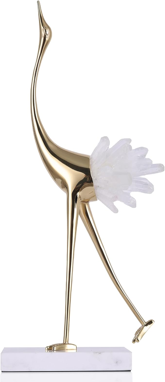 suruim Elegant Gold Crane Bird Statues with Crystal Tail Accents, Decorative Brass Figurines for Home Decor (White A)