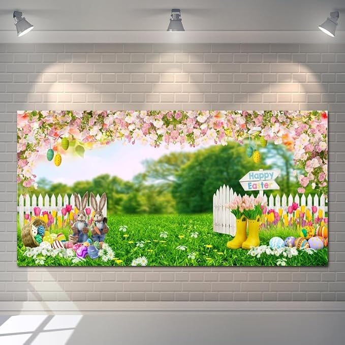 Easter Photo Backdrop 20x10ft Spring Garden Bunny Eggs Floral Green Grass Fence Easter Photography Backdrops for Happy Easter Party Decorations Banner Photo Booth Studio Props