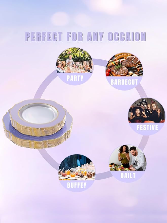WDF 60pcs Clear Purple Plates Disposable with Gold Rim - Baroque Lavender Purple Plastic Plates for Party/Wedding/Spring Picnic/Mother's Day