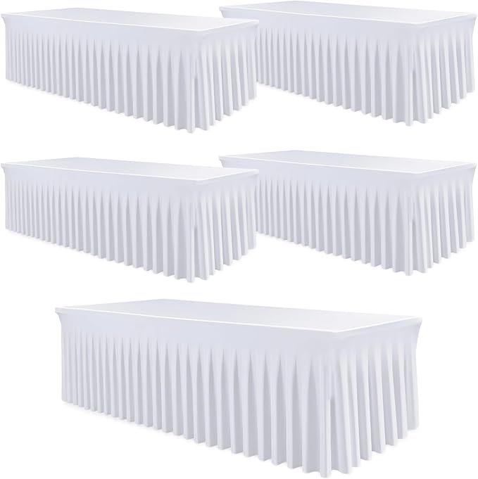 WJWHQ 5 Pack White Spandex Tablecloths, Stretch Fitted 6ft Table Cover (120 Inch) with Skirt, Wrinkle Free for Weddings, Parties, Banquets, Dining Fits 6 Foot Rectangle Tables
