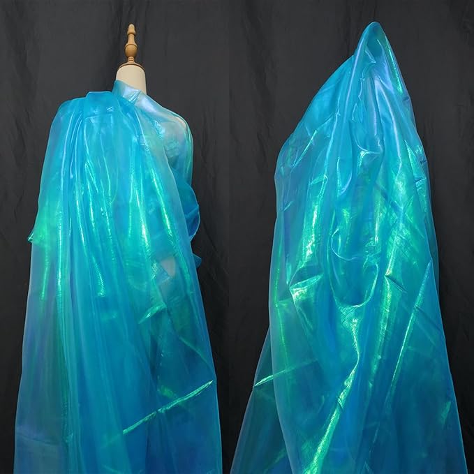 Sky Blue Iridescent Organza Fabric for Wedding & Halloween, 11 Yard Long, 59-Inch Wide, Perfect for DIY, Photography Scene Arrangement, and Personalized Clothing Production