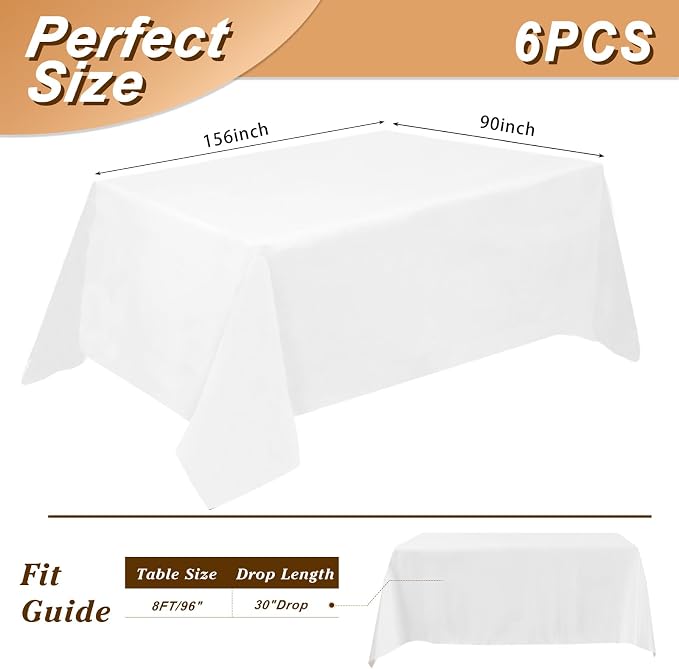 Fixwal 90x156 White Table Cloth Rectangle, 6 Pack Table Cloth for 8 Ft Rectangle Tables, Polyester Fabric Washable Table Cover