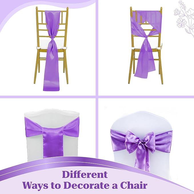 MDS Satin Chair Sashes, 100 Pack, 7”x108” Each, Decorative Chair Bows Ribbon Tie Backs for Wedding Party, Holiday Dinner, Birthday, Reception, Banquet, Hotel & Event Decoration - Lavender