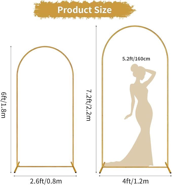 Metal Arch Backdrop Stand Set of 2 (7.2FT & 6FT), Gold Wedding Arch Frame for Ceremony, Stable Balloon Arch Stand for Birthday Party, Baby Shower, Graduation, Backdrop Stand for Events Decoration
