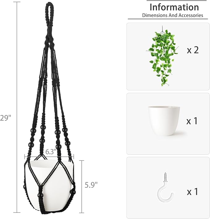 Mkono Fake Hanging Plant with Pot, Artificial Plants for Home Decor Indoor Macrame Plant Hanger with Fake Vines Faux Hanging Planter Greenery for Bedroom Bathroom Kitchen Office Decor (1, Black)