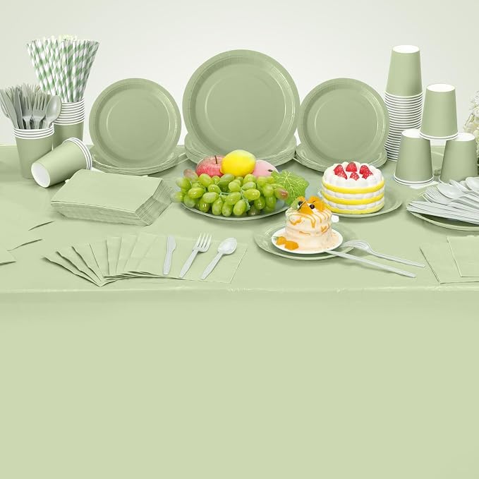 Funnymoom 452 Pcs Sage Green Party Supplies for 50, Sage Green Paper Plates Cups Napkins Tablecloth Cutlery Straws Tableware for Wedding Bridal Shower Birthday Baby Shower Party