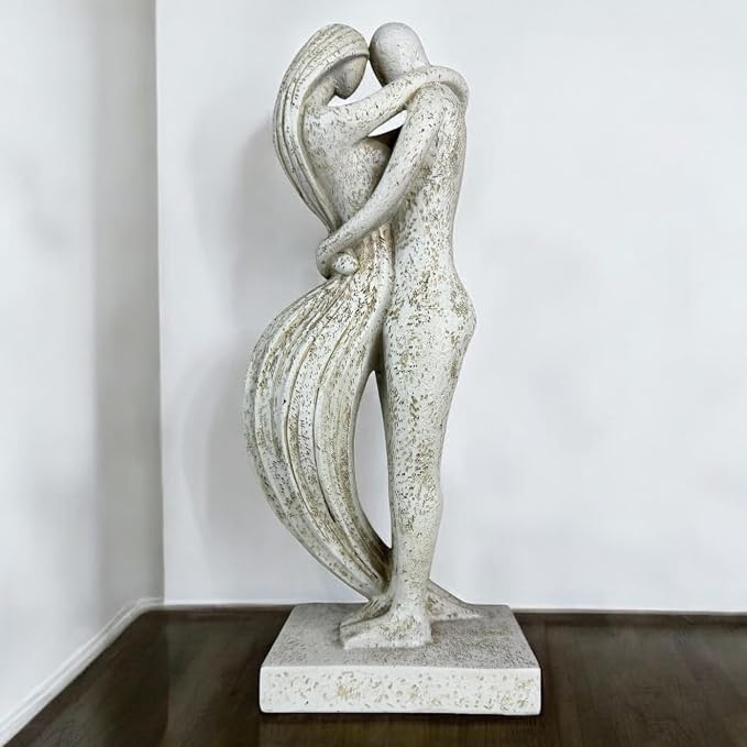 Top Brass Eternal Embrace Romantic Couple Sculpture – 12 1/2” Resin Lovers Statue (Graphite Kiss & Moon-wash Limestone) – Modern Home Décor Wedding Anniversary Love Art (Moon-wash Limestone)