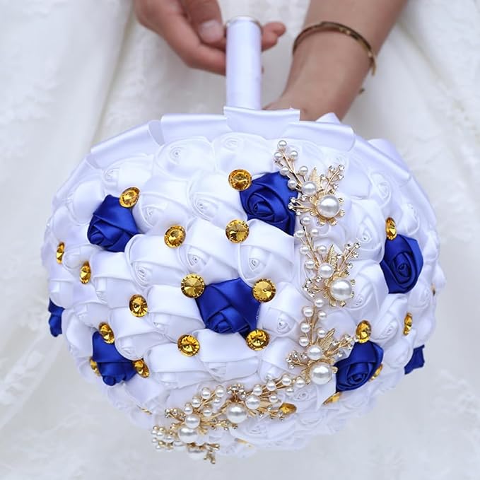 Bridal Wedding Bouquet with Golden Rhinestone Brooch Bouquet for Bride Bridesmaid Quinceanera Satin Rose Flower Bouquet Wedding Royal Blue and White 7.1in