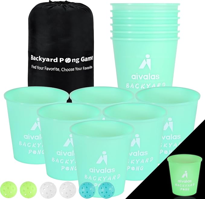Aivalas Yard Pong Outdoor Games Glow Set in Dark for Adults,Family and Kids,Giant Yard Pong for Beach,Camping,Lawn,Backyard and Yard Parties,with Buckets, Balls and Carrying Bag