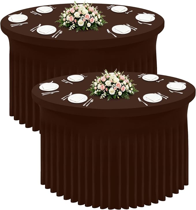Smiry Round Spandex Tablecloth 2 Pack, Elastic Fitted Washable Tablecloths for 60 Round Tables, Waterpoof Stretch Table Cover Skirt for Outdoor, Wedding, Banquet & Parties, Coffee