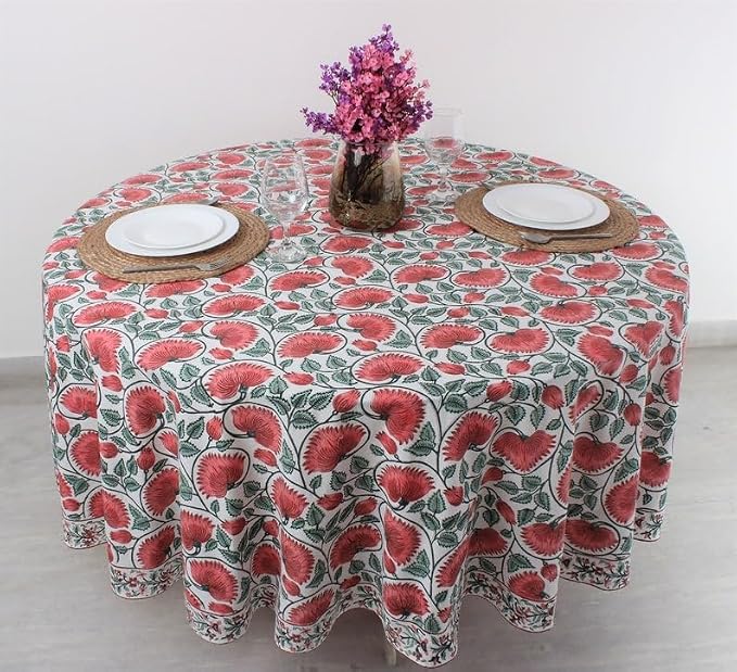 Ridhi Round Tablecloth Hand Block Print 100% Cotton Reusable Turquoise Green 60 Inch Table Cover Decorative Everyday Use for Dining, Home, Party, Wedding, Farmhouse Gift for Spring, Mother's Day