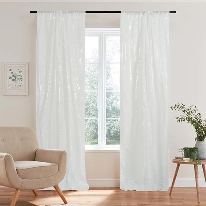 PartyDelight White Sequin Backdrop Curtains 2x8ft 4 Panels | 3mm stitched sequin curtain with 4 inch rod pocket for 2x8ft 4 panel fuller wall coverage pleated backdrop and 8ft stand