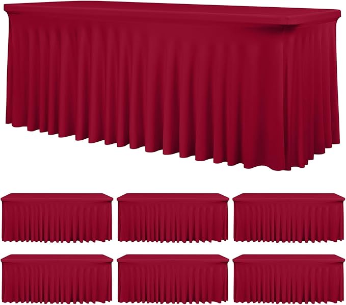 fani 6 Packs Burgundy Stretch Table Skirts for 6 Foot Rectangle Table, Washable Spandex Stretch Tablecloths with Skirt, Wrinkle Resistant Fitted Tablecover for Wedding Party Banquet