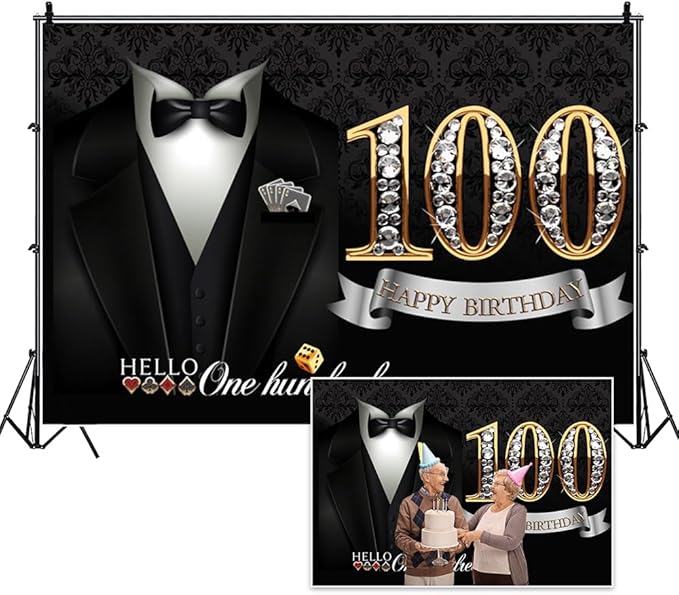 10x6.5ft Men 100th Birthday Backdrop Gentleman Black Tuxedo Suit Shiny Diamond Hello One Hundred Damask Floral Photography Background for Grandpa Father Birthday Party Decors Cake Table Banner