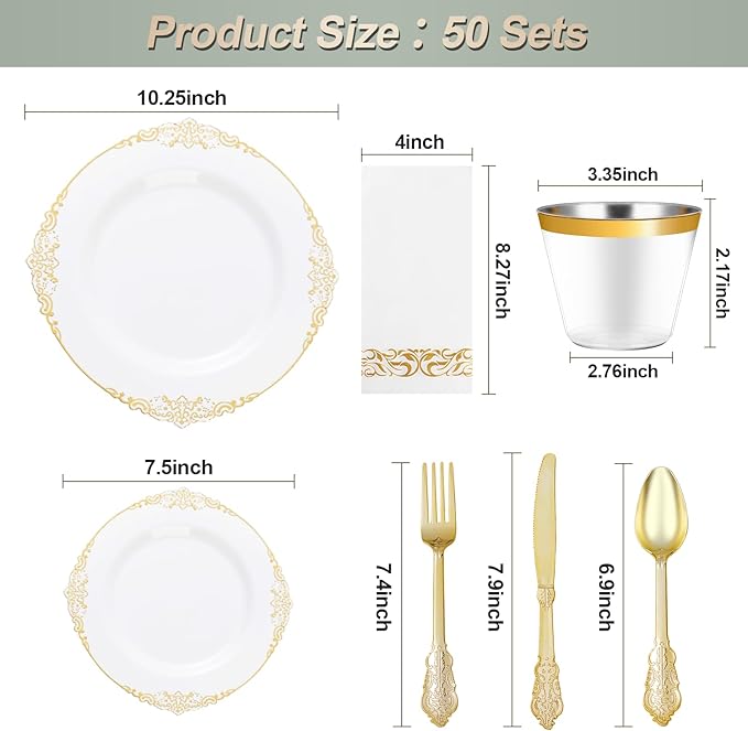 Bestluck 350PCS White and Gold Plastic Plates for 50 Guests, Disposable Dinnerware Set Includes 100 Disposable Plates, 150 Gold Silverware, 50 Cups, 50 Napkins for Party, Wedding