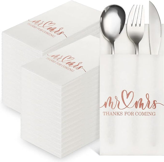 Panelee 100 Pcs Wedding Napkins with Built-in Flatware Pocket Mr and Mrs Personalized Napkins Linen Feel Disposable Dinner Supplies for Wedding Reception Bridal Shower Party Decor(Rose Gold)