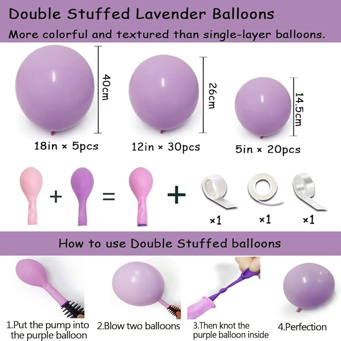 Purple Balloon Garland Double Stuffed Lavender Lilac Macaron Balloons Different Sizes 18/12/5 Inch Latex Pastel Balloons Arch Kit for Birthday Wedding Baby Shower Butterfly Princess Party Decoration
