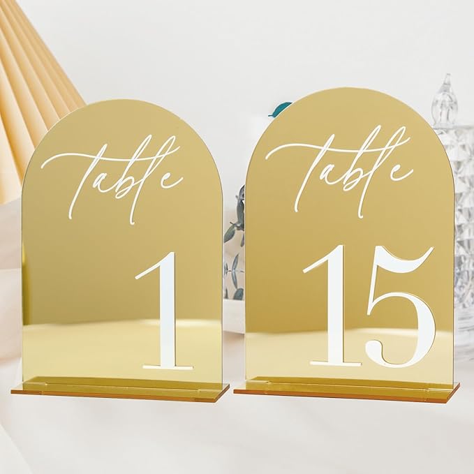 Gold Mirror Arch Acrylic Wedding table numbers 1-15 with Stands, 5"x7" Arched Acrylic Signs with White Numbers, Gold Mirror Table Numbers for Reception, Party, Anniversary, Event