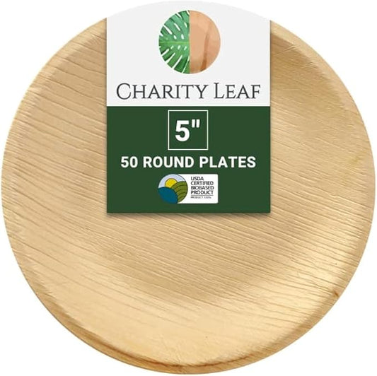 Charity Leaf Disposable Palm Leaf 5" Round Plates (50 pieces) Bamboo Like Serving Platters, Disposable Boards, Eco-Friendly Dinnerware For Weddings, Catering, Events
