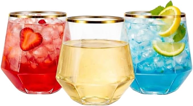Oojami 40 count Diamond 12 Ounce Gold Rim Cups Unbreakable Stemless Plastic Wine Champagne Whiskey Glasses Elegant Durable Disposable Indoor Outdoor Ideal for Home, Office, Bars, Wedding (Gold)