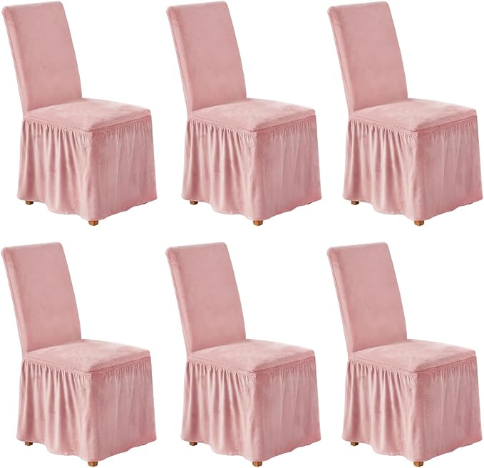 NICEEC Spandex Chair Covers for Dining Chairs Covers Set of 6 Removable Dining Room Chair Covers with Skirt Parson Chair Slipcovers Washable Chair Protector for Kitchen Wedding Banquet(Pink)