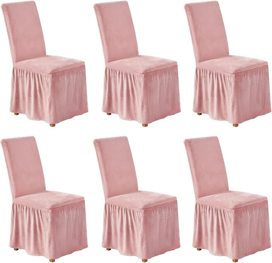 NICEEC Spandex Chair Covers for Dining Chairs Covers Set of 6 Removable Dining Room Chair Covers with Skirt Parson Chair Slipcovers Washable Chair Protector for Kitchen Wedding Banquet(Pink)