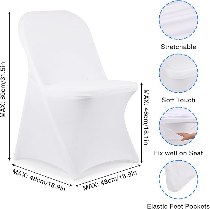 Fixwal 100 Pcs White Folding Chair Cover, Spandex Stretch Covers Ideal for Wedding, Party, Dining, Business Meeting, Banquet, Universal Fitted Washable Slipcover.
