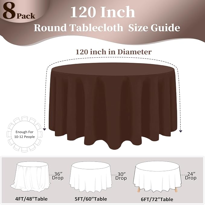 8 Pack Brown Round Tablecloth 120 Inch Round Table Cloth, Wrinkle Resistant and Washable Polyester Fabric Table Cloth Round Table Cover for Dining Wedding Banquet Party