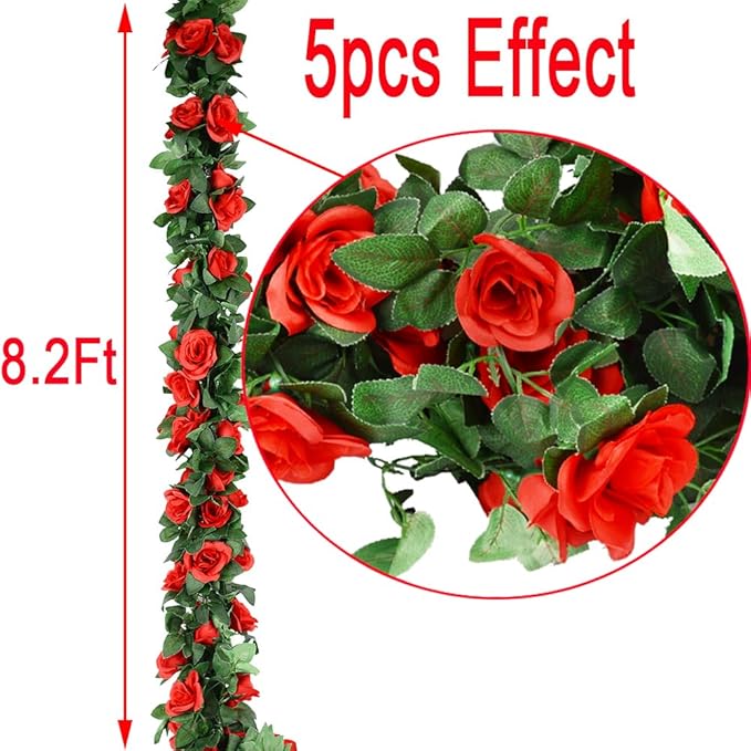 Rose Flower Garland 5pack 41Ft Artificial Fake Rose Garland Vine Artificial Flowers for Decoration Floral Garlands Decor (Red)