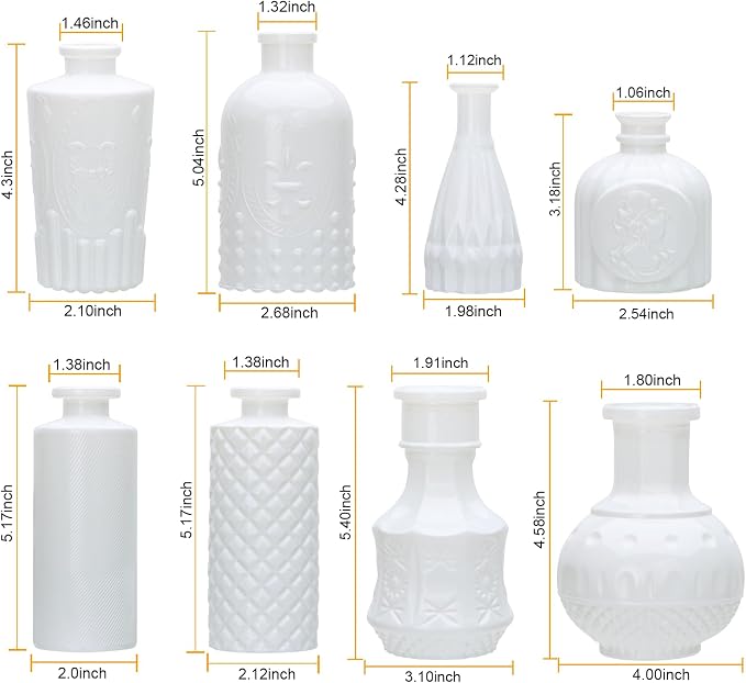 White Flower Vase Set, Glass Bud Vase in Bulk Set of 8,Artistic and Cultural Flavor Mini Vases for Home Office Decor, Bedroom, Office, Living Room Decorations,Wedding