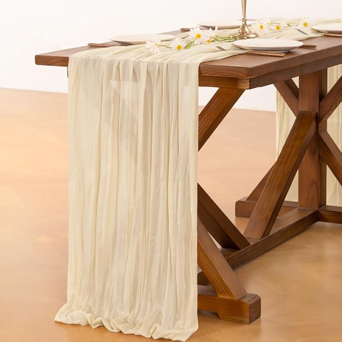 Socomi 6pcs Beige Summer Cheesecloth Table Runner Boho Rustic Gauze 120 inch 10FT Cheese Cloth Sheer Runner for Wedding Party Baby Shower Birthday Home Decor Holiday Decorations