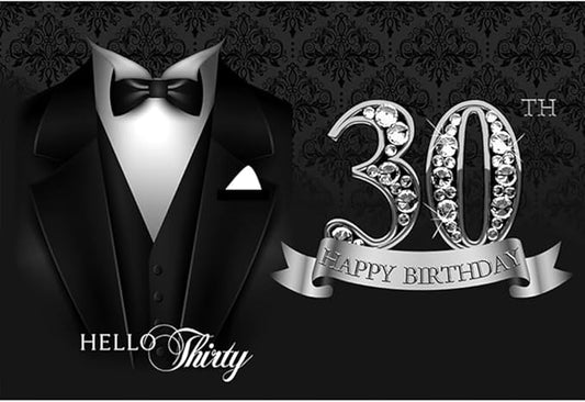7x5ft Hello Thirty Tuxedo Backdrop Gentleman Black Necktie Suit Tuxedo Diamonds Silver 30th Happy Birthday Photography Background for Man 30th Birthday Party Decor Cake Table Banner