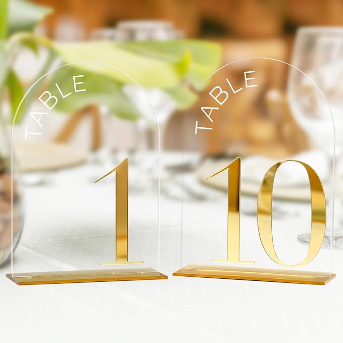 Arch Wedding Table Numbers 1-10 with Stand, 10 Pack 5x7 Inch Clear Arch Acrylic Sign with Gold Number, Clear and Gold Acrylic Table Numbers for Wedding Reception