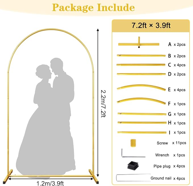 7.2 FT Metal Arch Backdrop Stand, Gold Wedding Arch Frame, Floral Balloon Arch Stand for Birthday Baby Shower Bridal Anniversary Graduation Ceremony Party Backdrop Decoration