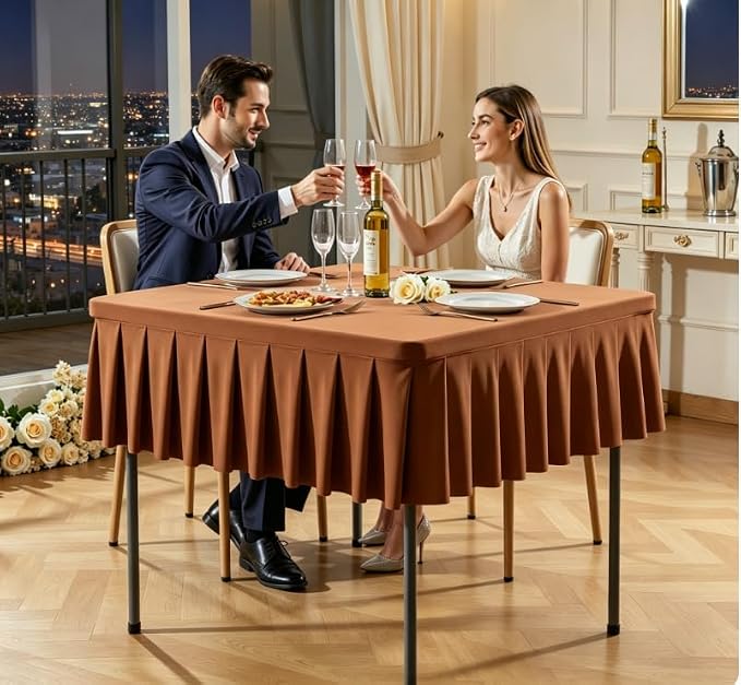Shillance 60x60 Inch Brown Spandex Square Tablecloth, Wrinkle Free Brown Fitted Table Cloth for Square Tables,Washable Pleated Table Cover for Wedding Birthday Cocktail Party Buffet Dinner Camping