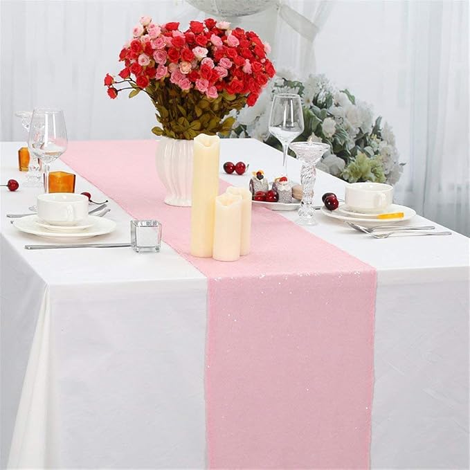 Sequin Table Runners 2 Pieces Pink Table Runners 12x72 Inch Glitter Dining Table Cover for Party Wedding Birthday Reception Banquet Decoration Spring Valentine's Party Chair Sashes