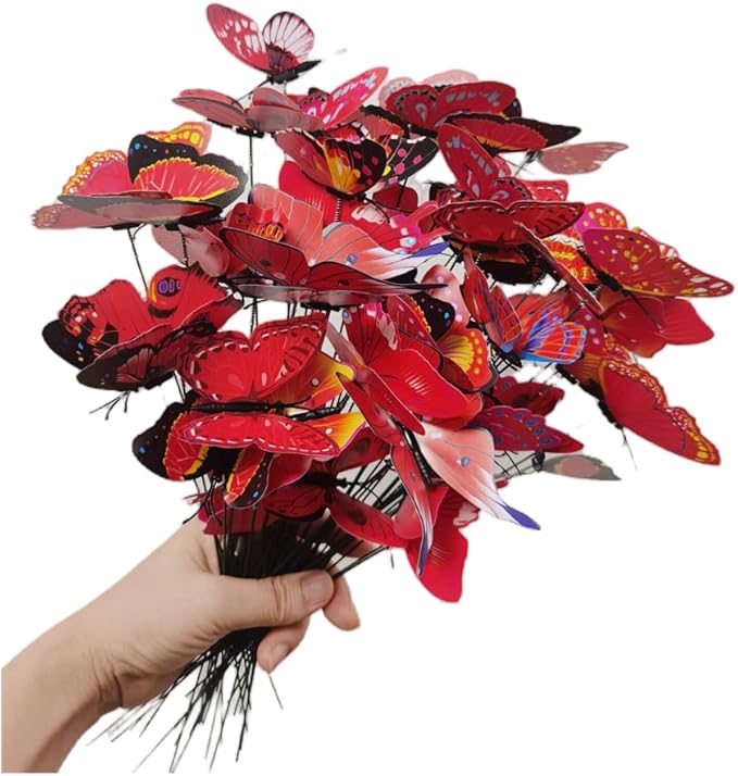 3D Butterfly Garden Stake Decor,10" PVC Butterfly Garden Decor for Outside,Shaking Head Artificial Butterflies for Cake Bouquet Wall Lawn Pathway Plant Pot Flower Bed Yard Decor (50, Red)
