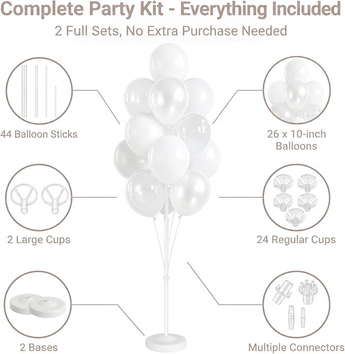White Balloon Column Stand Kit Set of 2 Included-Pearl white Globos Blancos alloon Sticks with Base&Pole,Backdrop Decoration for Wedding Bridal Baby Shower Birthday,Anniversary Party