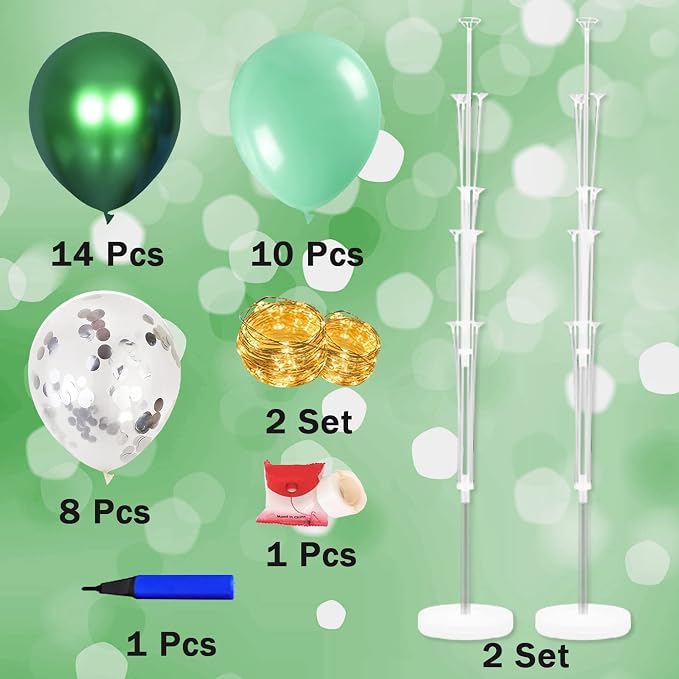 Balloon Stand for Floor with String Light 2 Set Green Centerpieces Balloon Holder Decoration for Wedding Baby Shower Birthday Party Surprise Nature Forest Theme Party
