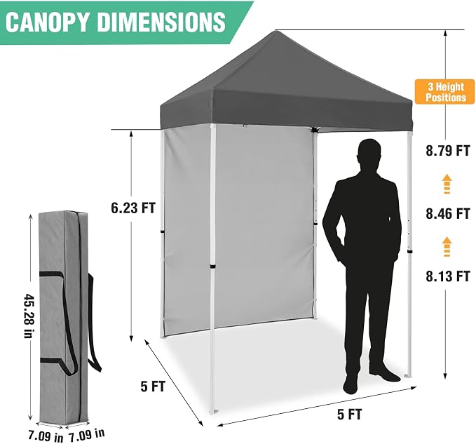 5x5 Pop Up Canopy Tent with One Sidewall, Instant Portable Beach Canopy, Outdoor Tent with Carry Bag for Camping, Sports, Tailgating, Events, Gray