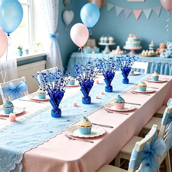 6 Pack Blue Star Table Centerpieces, Metallic Blue Starburst Table Decor, Sparkly Foil Table Topper for Birthday, Baby Shower, Wedding, Graduation, Space Themed Party, Holiday Table Decoration