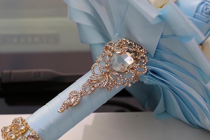 Light Blue Gold Brooch Wedding Bridal Bouquet for Bride Bridesmaid Quinceanera with Bling Rhinestone Pearl Satin Rose Flower Bouquet Wedding Light Blue and Ivory 8.3in