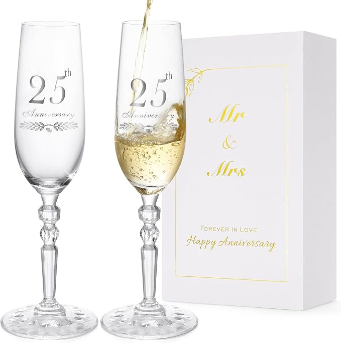 25th Anniversary Decorations Gifts for Couple, Classical Style 25th Wedding Anniversary Champagne Flutes Glasses, Crystal Champagne Glasses Set of 2, Gifts for husband, wife, Couple