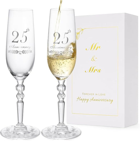25th Anniversary Decorations Gifts for Couple, Classical Style 25th Wedding Anniversary Champagne Flutes Glasses, Crystal Champagne Glasses Set of 2, Gifts for husband, wife, Couple